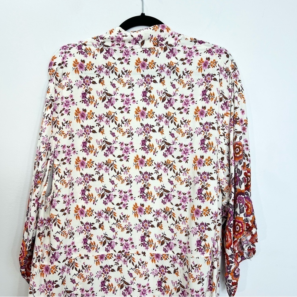 Beige boho cottagecore cotton floral kimono sleeve jacket duster robe - Picture 7 of 13